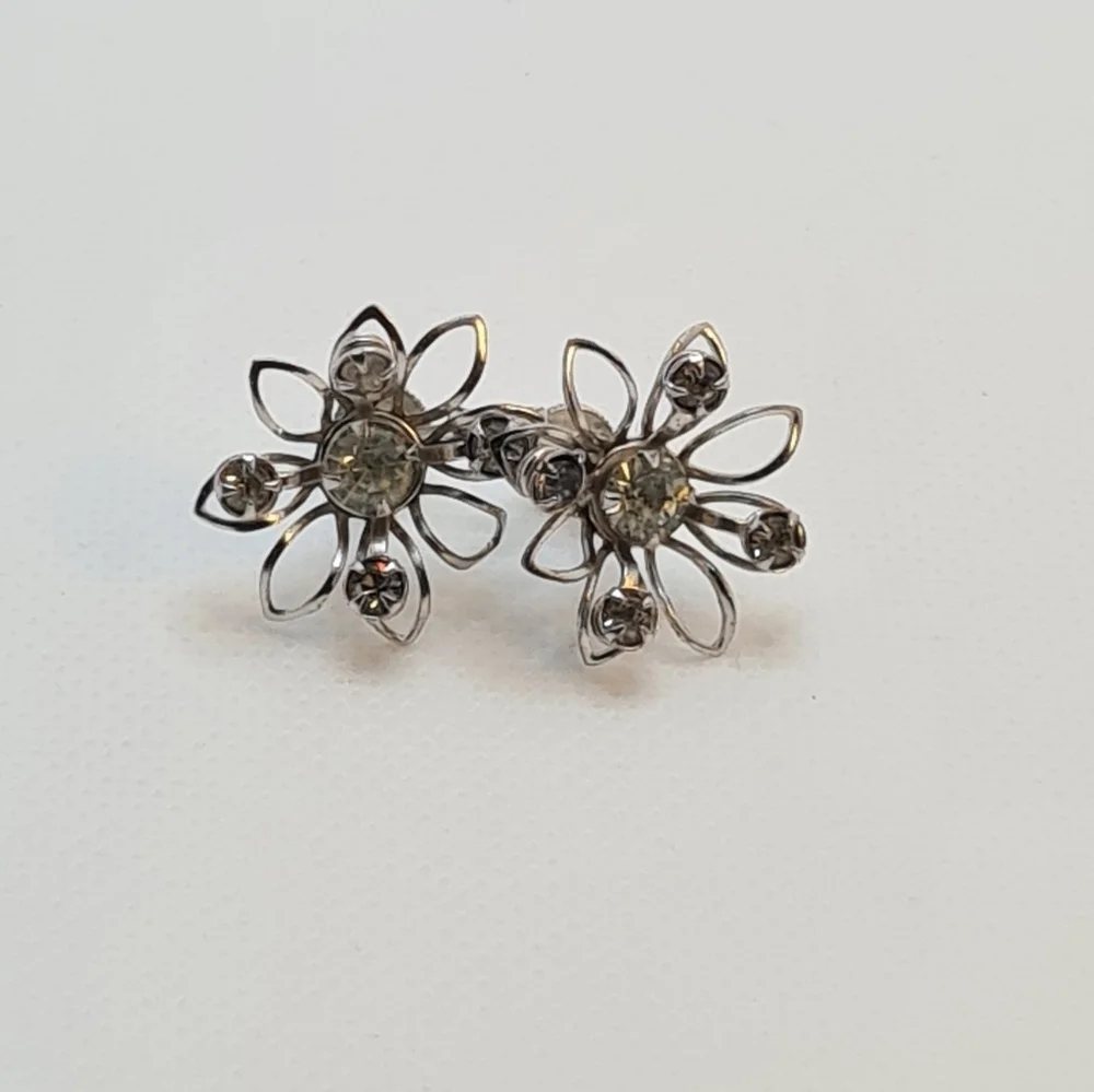 Vintage Silver And Crystal Floral Earrings